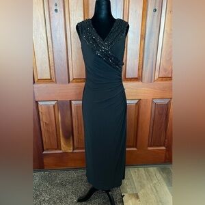 Ralph Lauren Women's Sequin Ruched Black Gown Long Dress Slit Stretch Sz 4